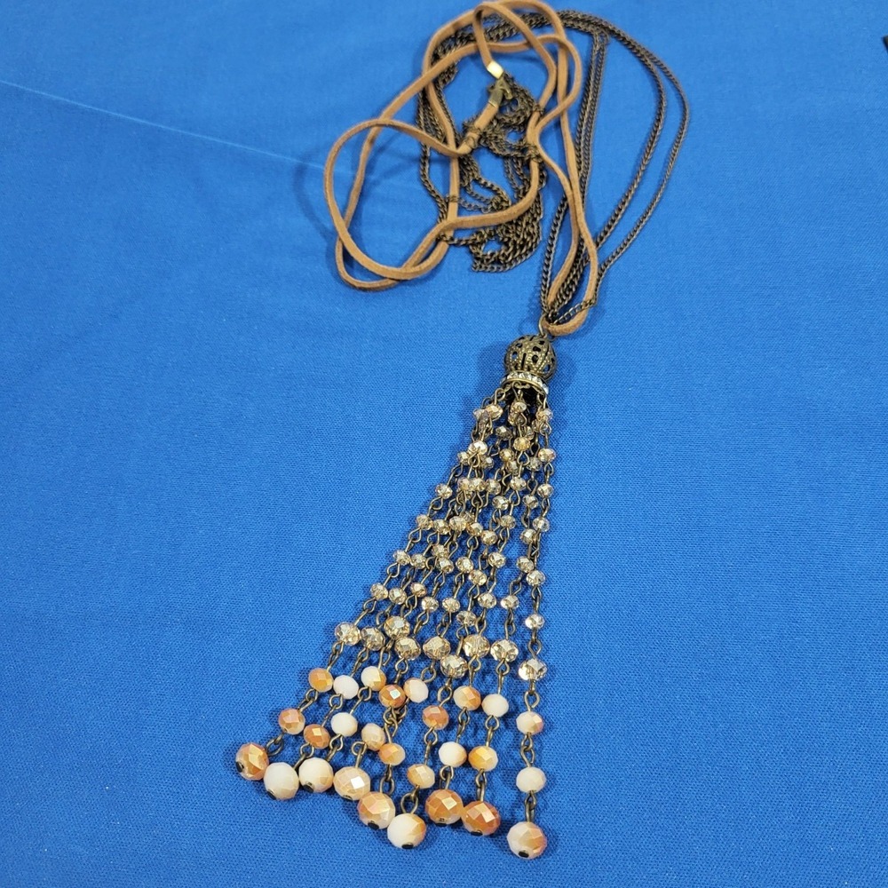 Tassel Pendant Necklace With Multicolor Crystal Beads & Antique Gold Chain